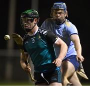 26 January 2023; Andy Hickey of Maynooth University in action against Michael Walsh of UCD during the HE GAA Fitzgibbon Cup Round 2 match between Maynooth University and University College Dublin at the Maynooth University North Campus in Kildare. Photo by Tyler Miller/Sportsfile