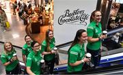 27 January 2023; Ireland women's cricket team players, from right, Shauna Kavanagh, Laura Delany, Louise Little, Jane Maguire, Orla Prendergast and Gaby Lewis at Dublin Airport ahead of their departure for the ICC Women’s T20 World Cup 2023 in South Africa. Photo by Piaras Ó Mídheach/Sportsfile