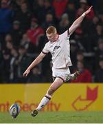 27 January 2023; Nathan Doak of Ulster kicks a conversion during the United Rugby Championship match between Ulster and DHL Stormers at Kingspan Stadium in Belfast. Photo by Ramsey Cardy/Sportsfile