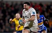 27 January 2023; Jeffrey Toomaga-Allen of Ulster on his way to scoring his side's fourth try during the United Rugby Championship match between Ulster and DHL Stormers at Kingspan Stadium in Belfast. Photo by Ramsey Cardy/Sportsfile