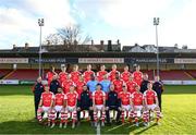 27 January 2023; The St Patrick's Athletic squad and staff, back row, from left, Serge Atakayi, Adam Murphy, Sam Curtis, Mark Dovle, Darius Lipsiuc, Thijs Timmermans, Jay McClelland and Ben McCormack, middle row, coach Sean O'Connor, assistant manager Jon Daly, Harry Brockbank, Tommy Lonergan, goalkeeper David Odumosu, goalkeeper Danny Rogers, Noah Lewis, Vladislav Kreida, goalkeeping coach Patrick Jennings, and head of performance and sports science Sean O'Reilly, front row, Eoin Doyle, Jake Mulraney, Jamie Lennon, manager Tim Clancy, Joe Redmond, technical director Alan Mathews, Chris Forrester, Anto Breslin and Tom Grivosti during a St Patrick's Athletic squad portrait session at Richmond Park in Dublin. Photo by Stephen McCarthy/Sportsfile
