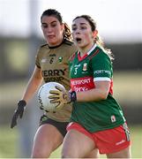 28 January 2023; Róisín Flynn of Mayo in action against Emma Costello of Kerry during the 2023 Lidl Ladies National Football League Division 1 Round 2 match between Mayo and Kerry at the NUI Galway Connacht GAA Centre of Excellence in Bekan, Mayo. Photo by Piaras Ó Mídheach/Sportsfile