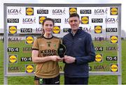 28 January 2023; Lorraine Scanlon of Kerry is presented with the Player of the Match Award by Andy Nolan, Store Manager Lidl Clarmorris, after her side's victory in the 2023 Lidl Ladies National Football League Division 1 Round 2 match between Mayo and Kerry at the NUI Galway Connacht GAA Centre of Excellence in Bekan, Mayo. Photo by Piaras Ó Mídheach/Sportsfile