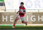 28 January 2023; Paddy Patterson of Munster runs on to score his side's first try during the United Rugby Championship match between Benetton and Munster at Stadio Monigo in Treviso, Italy. Photo by Roberto Bregani/Sportsfile