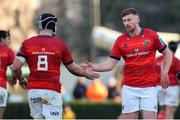 28 January 2023; Ben Healy, right, and Alex Kendellen of Munster celebrate their side's second try scored by Jack O’Sullivan during the United Rugby Championship match between Benetton and Munster at Stadio Monigo in Treviso, Italy. Photo by Roberto Bregani/Sportsfile