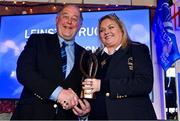 28 January 2023; The Sean O’Brien Hall of Fame Award winner Derick Turner of Longford RFC is presented with his award by Leinster Rugby president Debbie Carty during the Leinster Junior Rugby lunch in Bective Rangers RFC in Donnybrook, Dublin. This is the fourth year that the lunch has been held in celebration of Junior Club Rugby in Leinster. Derick has given many years of dedicated service and commitment to the Midlands area and Leinster Rugby and to both Mullingar and Longford Rugby Clubs both as a player and administrator. He was an advocate for promoting and introducing both youths and women’s rugby to Longford RFC. Derick is also a former manager of the Leinster Junior team. He has been honoured today as the fourth recipient of the Sean O’Brien Hall of Fame Award. Photo by Brendan Moran/Sportsfile