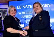 28 January 2023; Yvonne O'Brien, on behalf of the late Ger O’Brien of Tullow RFC, Carlow, collects the North South East Area Hall of Fame award from Leinster Rugby president Debbie Carty during the Leinster Junior Rugby lunch in Bective Rangers RFC in Donnybrook, Dublin. This is the fourth year that the lunch has been held in celebration of Junior Club Rugby in Leinster. Photo by Brendan Moran/Sportsfile