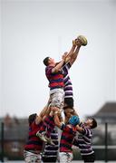 28 January 2023; Michael Melia of Terenure College wins possession in a lineout against Ed Kelly of Clontarf during the Energia All-Ireland League Division 1A match between Terenure College and Clontarf at Lakelands Park in Dublin. Photo by Matt Browne/Sportsfile