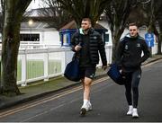 28 January 2023; Ross Molony and Nick McCarthy of Leinster arrive before the United Rugby Championship match between Leinster and Cardiff at RDS Arena in Dublin. Photo by Harry Murphy/Sportsfile