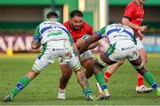 28 January 2023; Roman Salanoa of Munster in action against Riccardo Favretto, left, and Alessandro Izekor of Benetton during the United Rugby Championship match between Benetton and Munster at Stadio Monigo in Treviso, Italy. Photo by Roberto Bregani/Sportsfile