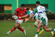 28 January 2023;  Malakai Fekitoa of Munster in action against Marcus Watson, left, and Marco Zanon of Benetton during the United Rugby Championship match between Benetton and Munster at Stadio Monigo in Treviso, Italy. Photo by Roberto Bregani/Sportsfile
