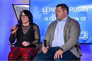 28 January 2023; Lindsay Peat and Mike Ross are interviewed during the Leinster Junior Rugby lunch in Bective Rangers RFC in Donnybrook, Dublin. This is the fourth year that the lunch has been held in celebration of Junior Club Rugby in Leinster. Photo by Brendan Moran/Sportsfile