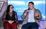 28 January 2023; Lindsay Peat and Mike Ross are interviewed during the Leinster Junior Rugby lunch in Bective Rangers RFC in Donnybrook, Dublin. This is the fourth year that the lunch has been held in celebration of Junior Club Rugby in Leinster. Photo by Brendan Moran/Sportsfile