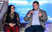 28 January 2023; Lindsay Peat and Mike Ross are interviewed during the Leinster Junior Rugby lunch in Bective Rangers RFC in Donnybrook, Dublin. This is the fourth year that the lunch has been held in celebration of Junior Club Rugby in Leinster. Photo by Brendan Moran/Sportsfile