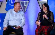 28 January 2023; Lindsay Peat is interviewed by MC Philip Lawlor during the Leinster Junior Rugby lunch in Bective Rangers RFC in Donnybrook, Dublin. This is the fourth year that the lunch has been held in celebration of Junior Club Rugby in Leinster. Photo by Brendan Moran/Sportsfile