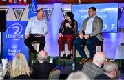 28 January 2023; Lindsay Peat and Mike Ross are interviewed by MC Philip Lawlor during the Leinster Junior Rugby lunch in Bective Rangers RFC in Donnybrook, Dublin. This is the fourth year that the lunch has been held in celebration of Junior Club Rugby in Leinster. Photo by Brendan Moran/Sportsfile