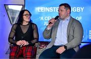 28 January 2023; Lindsay Peat and Mike Ross are interviewed during the Leinster Junior Rugby lunch in Bective Rangers RFC in Donnybrook, Dublin. This is the fourth year that the lunch has been held in celebration of Junior Club Rugby in Leinster. Photo by Brendan Moran/Sportsfile