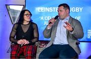 28 January 2023; Lindsay Peat and Mike Ross are interviewed during the Leinster Junior Rugby lunch in Bective Rangers RFC in Donnybrook, Dublin. This is the fourth year that the lunch has been held in celebration of Junior Club Rugby in Leinster. Photo by Brendan Moran/Sportsfile