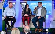 28 January 2023; Lindsay Peat and Mike Ross are interviewed by MC Philip Lawlor during the Leinster Junior Rugby lunch in Bective Rangers RFC in Donnybrook, Dublin. This is the fourth year that the lunch has been held in celebration of Junior Club Rugby in Leinster. Photo by Brendan Moran/Sportsfile