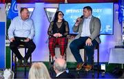 28 January 2023; Lindsay Peat and Mike Ross are interviewed by MC Philip Lawlor during the Leinster Junior Rugby lunch in Bective Rangers RFC in Donnybrook, Dublin. This is the fourth year that the lunch has been held in celebration of Junior Club Rugby in Leinster. Photo by Brendan Moran/Sportsfile