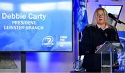 28 January 2023; Leinster Rugby president Debbie Carty speaking during the Leinster Junior Rugby lunch in Bective Rangers RFC in Donnybrook, Dublin. This is the fourth year that the lunch has been held in celebration of Junior Club Rugby in Leinster. Photo by Brendan Moran/Sportsfile