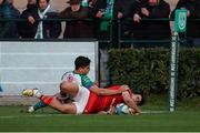 28 January 2023; Antoine Frisch of Munster scores his side's fifth try during the United Rugby Championship match between Benetton and Munster at Stadio Monigo in Treviso, Italy. Photo by Roberto Bregani/Sportsfile