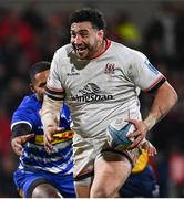 27 January 2023; Jeffrey Toomaga-Allen of Ulster on his way to scoring his side's fourth try during the United Rugby Championship match between Ulster and DHL Stormers at Kingspan Stadium in Belfast. Photo by Ramsey Cardy/Sportsfile