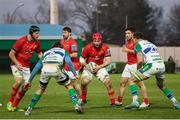 28 January 2023; John Hodnett of Munster in action against Giovanni Pettinelli of Benetton (left) and Braam Steyn of Benetton  during the United Rugby Championship match between Benetton and Munster at Stadio Monigo in Treviso, Italy. Photo by Roberto Bregani/Sportsfile