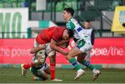 28 January 2023; Jack O’Sullivan of Munster in action against  Ignacio Mendy of Benetton   during the United Rugby Championship match between Benetton and Munster at Stadio Monigo in Treviso, Italy. Photo by Roberto Bregani/Sportsfile