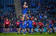 28 January 2023; Brian Deeny of Leinster wins possession in the lineout during the United Rugby Championship match between Leinster and Cardiff at RDS Arena in Dublin. Photo by Ben McShane/Sportsfile