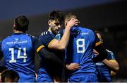 28 January 2023; Max Deegan of Leinster, 8, celebrates with teammate Harry Byrne after scoring his side's first try during the United Rugby Championship match between Leinster and Cardiff at RDS Arena in Dublin. Photo by Harry Murphy/Sportsfile
