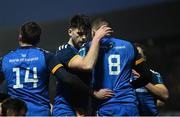 28 January 2023; Max Deegan of Leinster, 8, celebrates with teammate Harry Byrne after scoring his side's first try during the United Rugby Championship match between Leinster and Cardiff at RDS Arena in Dublin. Photo by Harry Murphy/Sportsfile