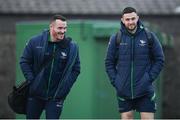 28 January 2023; Peter Dooley, left, and Josh Murphy of Connacht arrive before the United Rugby Championship match between Connacht and Emirates Lions at The Sportsground in Galway. Photo by Seb Daly/Sportsfile