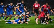 28 January 2023; Luke McGrath of Leinster scores his side's second try during the United Rugby Championship match between Leinster and Cardiff at RDS Arena in Dublin. Photo by Brendan Moran/Sportsfile