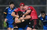 28 January 2023; Michael Milne of Leinster is tackled by James Botham and Kieron Assiratti of Cardiff during the United Rugby Championship match between Leinster and Cardiff at RDS Arena in Dublin. Photo by Harry Murphy/Sportsfile