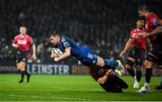 28 January 2023; Luke McGrath of Leinster scores his second and his side's third try during the United Rugby Championship match between Leinster and Cardiff at RDS Arena in Dublin. Photo by Brendan Moran/Sportsfile