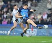 28 January 2023; Cormac Costello of Dublin in action against Mick O’Grady of Kildare during the Allianz Football League Division 2 match between Dublin and Kildare at Croke Park in Dublin. Photo by Stephen Marken/Sportsfile
