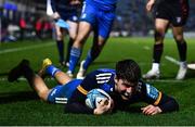 28 January 2023; Max O'Reilly of Leinster scores his side's fifth try during the United Rugby Championship match between Leinster and Cardiff at RDS Arena in Dublin. Photo by Ben McShane/Sportsfile