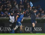 28 January 2023; James Culhane of Leinster runs out for his Leinster debut during the United Rugby Championship match between Leinster and Cardiff at RDS Arena in Dublin. Photo by Harry Murphy/Sportsfile