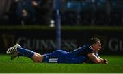 28 January 2023; Liam Turner of Leinster after scoring his side's sixth try during the United Rugby Championship match between Leinster and Cardiff at RDS Arena in Dublin. Photo by Ben McShane/Sportsfile