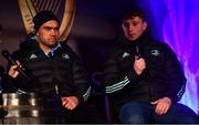 28 January 2023; Leinster players Charlie Ngatai, left, and Martin Moloney during a Fan Q&A Session in the Fan Zone before the United Rugby Championship match between Leinster and Cardiff at RDS Arena in Dublin. Photo by Ben McShane/Sportsfile