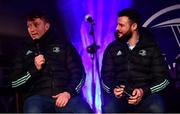 28 January 2023; Leinster players Martin Moloney, left, and Robbie Henshaw during a Fan Q&A Session in the Fan Zone before the United Rugby Championship match between Leinster and Cardiff at RDS Arena in Dublin. Photo by Ben McShane/Sportsfile