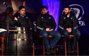 28 January 2023; Leinster players Charlie Ngatai, Martin Moloney and Robbie Henshaw during a Fan Q&A Session in the Fan Zone before the United Rugby Championship match between Leinster and Cardiff at RDS Arena in Dublin. Photo by Ben McShane/Sportsfile