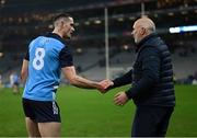 28 January 2023; Brian Fenton of Dublin and Kildare manager Glenn Ryan after the Allianz Football League Division 2 match between Dublin and Kildare at Croke Park in Dublin. Photo by Stephen McCarthy/Sportsfile