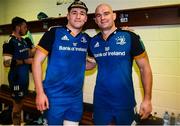 28 January 2023; James Culhane of Leinster is presented his first cap by Rhys Ruddock of Leinster after the United Rugby Championship match between Leinster and Cardiff at RDS Arena in Dublin. Photo by Harry Murphy/Sportsfile