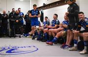 28 January 2023; Debutant James Culhane of Leinster sings after the United Rugby Championship match between Leinster and Cardiff at RDS Arena in Dublin. Photo by Harry Murphy/Sportsfile