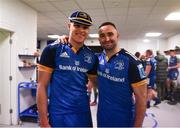 28 January 2023; Debutant Aitzol King of Leinster is presented his jersey by teammate Dave Kearney during the United Rugby Championship match between Leinster and Cardiff at RDS Arena in Dublin. Photo by Harry Murphy/Sportsfile