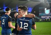 28 January 2023; Aitzol King and Ben Brownlee of Leinster after their side's victory in the United Rugby Championship match between Leinster and Cardiff at RDS Arena in Dublin. Photo by Harry Murphy/Sportsfile