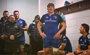 28 January 2023; Debutant James Culhane of Leinster sings after the United Rugby Championship match between Leinster and Cardiff at RDS Arena in Dublin. Photo by Harry Murphy/Sportsfile