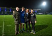 28 January 2023; Debutant James Culhane of Leinster with his family, from left, father Paul, sister Rosie and mother Margaret after the United Rugby Championship match between Leinster and Cardiff at RDS Arena in Dublin. Photo by Harry Murphy/Sportsfile